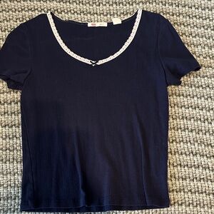 Levi's Dark Blue Women's Tee with White Lace Trim
